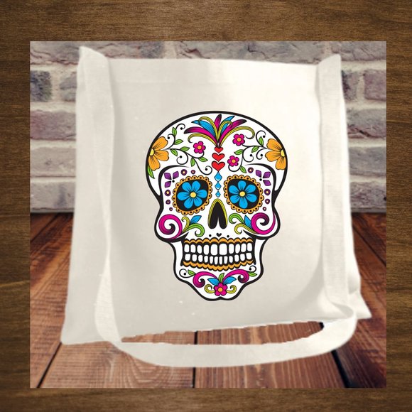 Skull Catrina Cotton Canvas Crossbody Messenger Tote Bag with Long Strap - Picture 3 of 4